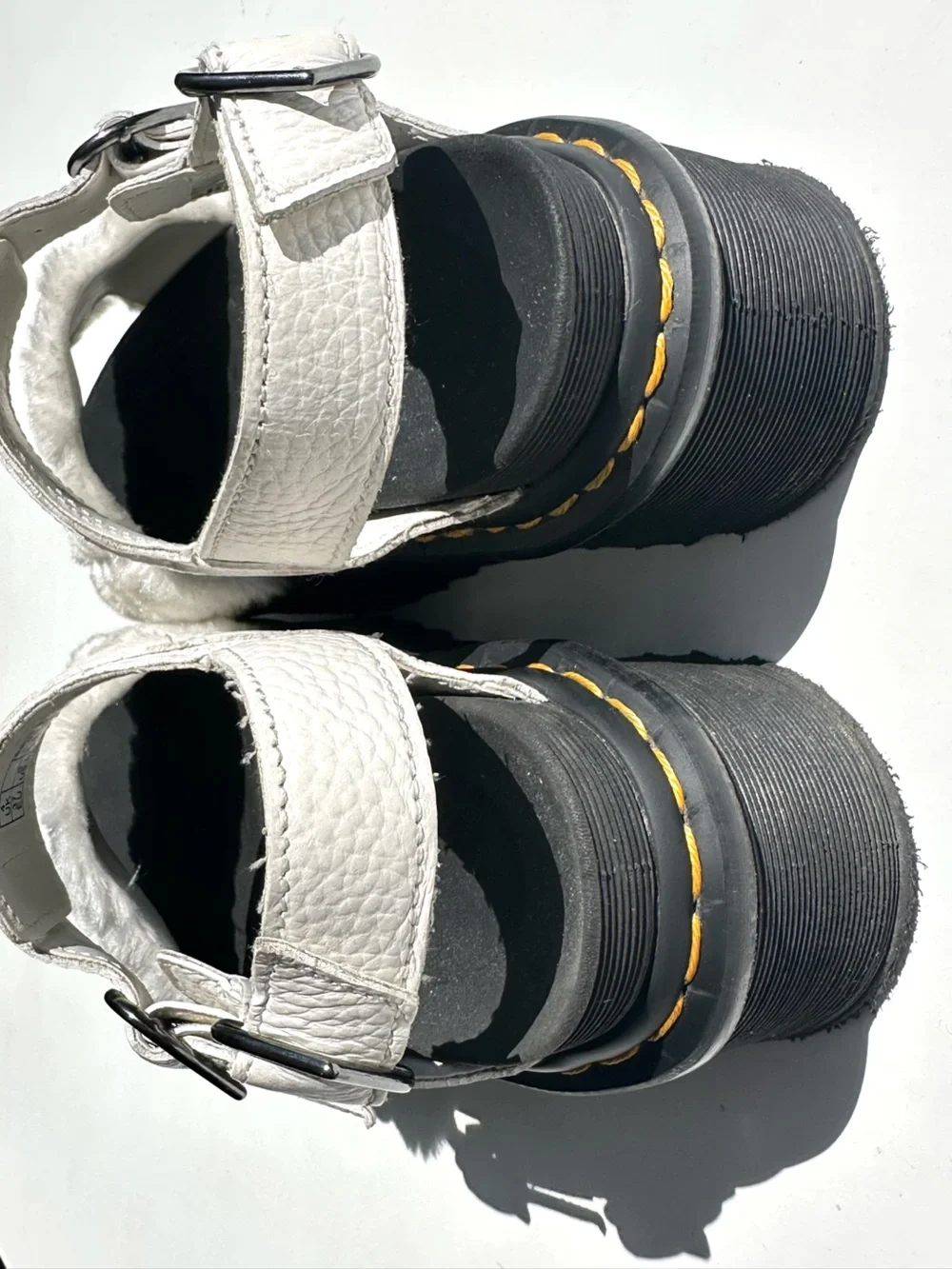 Dr. Martens Voss White Faux-Fur & Leather Platform Sandals Black Sole, UK 4 US 6